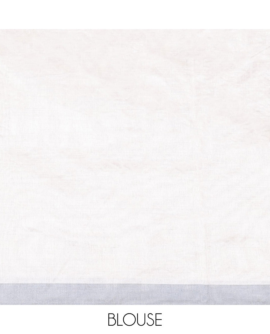 Cream floral thread embroidery semi-banaras tussar saree with contrast plain border & floral embroidered pallu