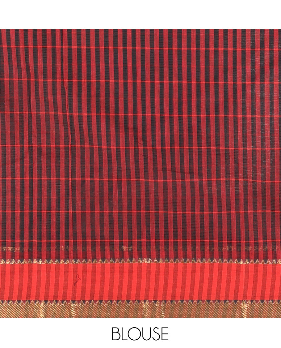 Black Andhra Cotton Saree, Accentuated with Checks, a Contrast Temple Border, Pallu Steeped with Stripes, and Matching Blouse