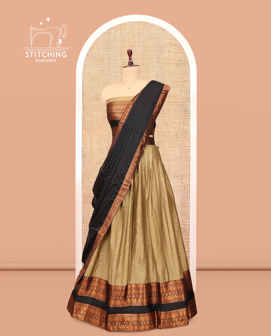 Beige Chanderi Cotton Half-Saree, Plain Skirt, Contrast Traditional Zari Border, a Matching Blouse, and Contrast Dupatta