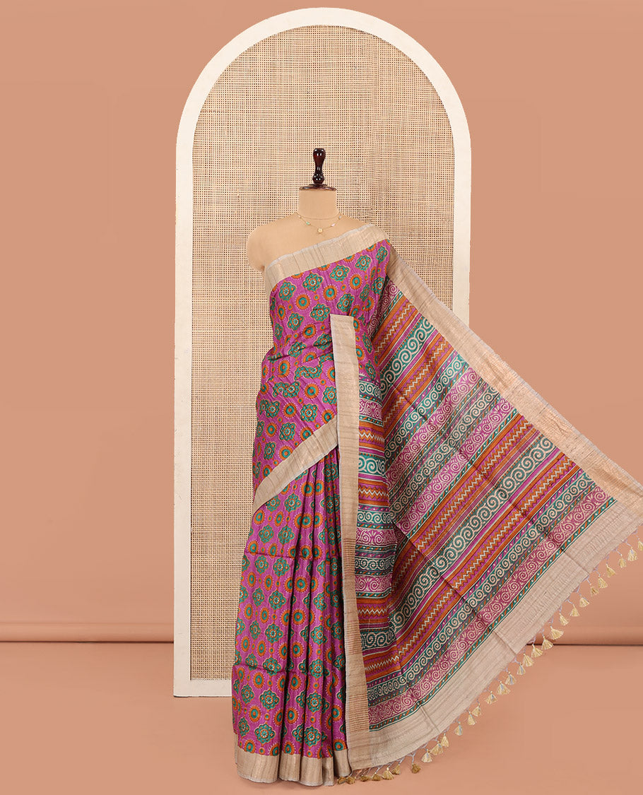 Rani Pink Tussar Silk Saree, Vibrantly Printed with Intricate Motifs All Over Its Body, Featuring a Contrast Zari Border, Pallu of Floral-Geometric Print, and Paired with a Contrast Blouse