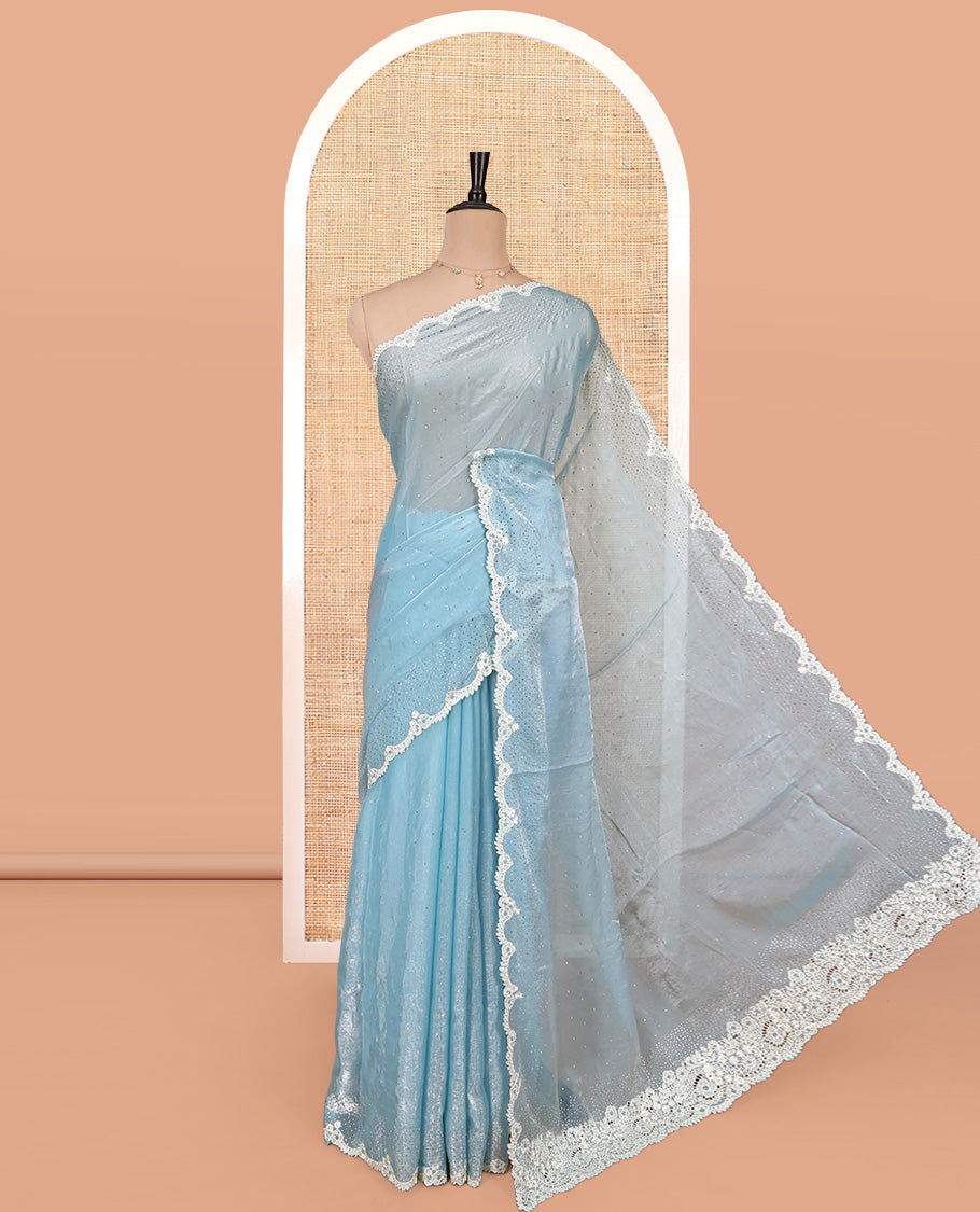 Blue Designer Saree, Steeped with Stones, a Scallop Stonework Lace Border, and Matching Blouse