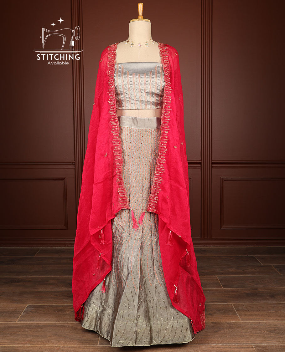 Grey thread embroidery half saree with self border, thread embroidery blouse & floral embroidery scallop border dhavani