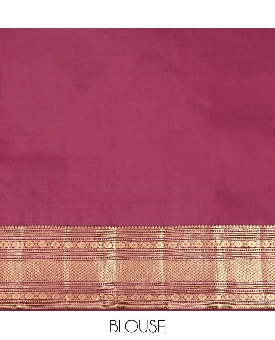 Pink Vasundhara Silk Saree, Delicately Woven with Mayil-Chakram Buttas, a Contrast Traditional Border of Wedding-Themed Designs, Grand Pallu, and a Contrast Blouse
