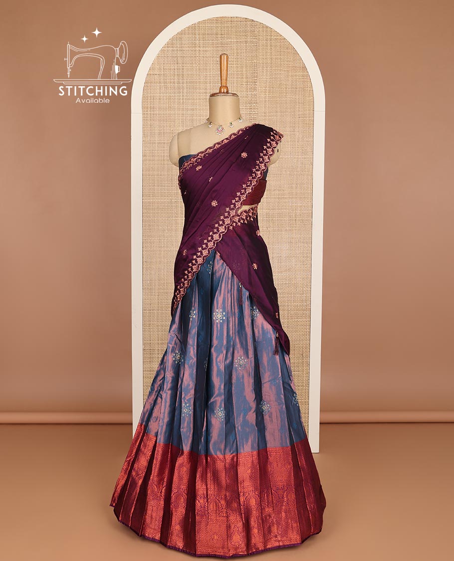 Blue floral embroidery art silk half saree with contrast intricate zari design border, zari design blouse & floral embroidery scallop border dhavani