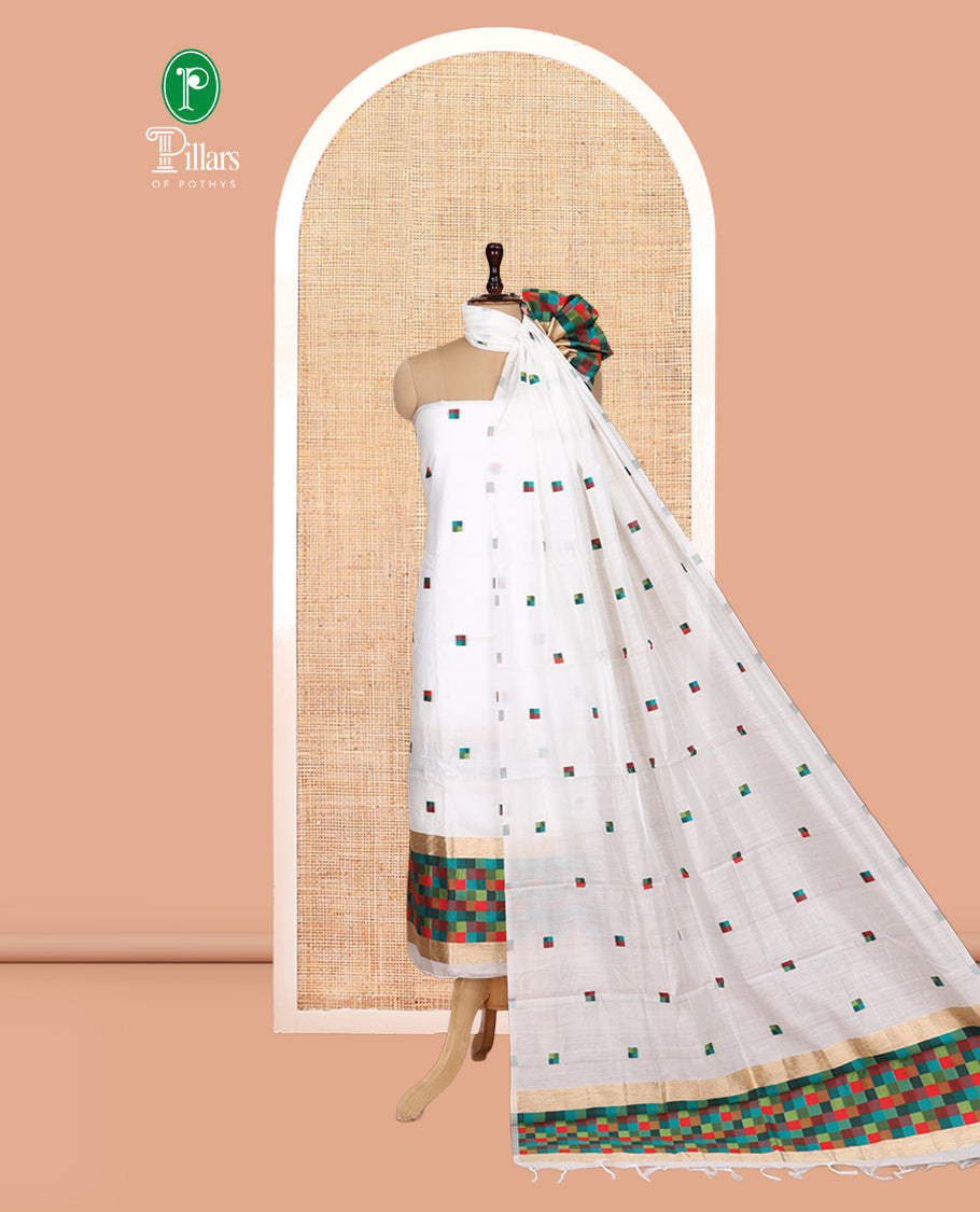 White Chanderi Material Churidar Features Square Butta Printed Top, a Plain Bottom, a Square Buttas Printed Dupatta