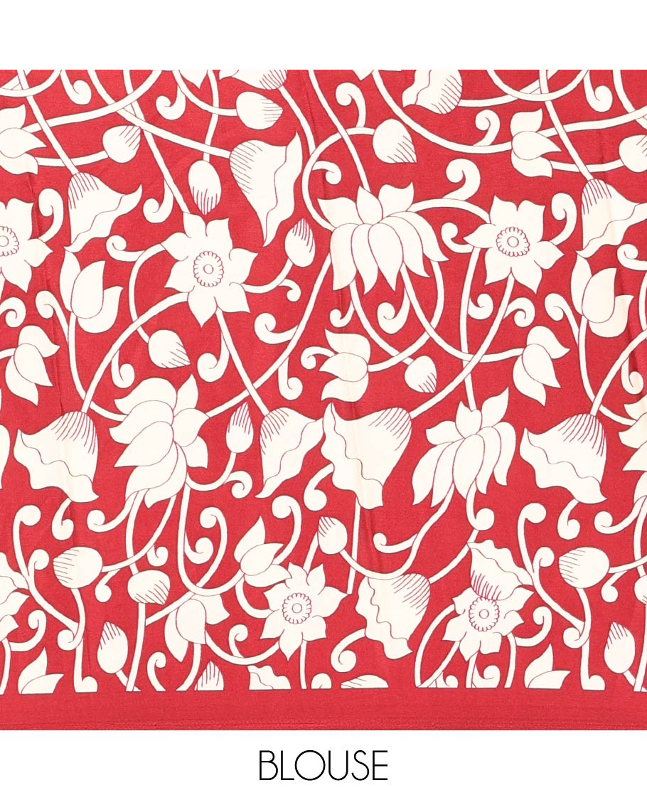 Chikku-maroon half-and-half plain and kalamkari floral printed satin crepe saree, plain border, pallu of floral vine and peacock printed, and kalamkari floral printed blouse