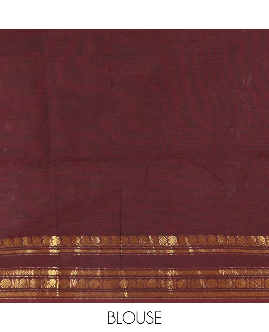 Coffee Brown Plain Chettinad Cotton Saree Graced with a Gleaming Zari Rettai Pettu Border Featuring Peacock, Rudraksham, and Neli Designs, Subtly Striped Pallu, and Paired with a Matching Blouse