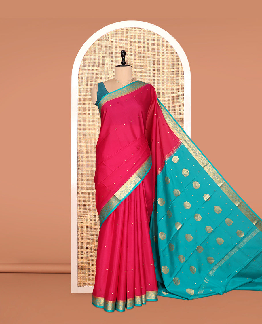 Red Mysore Silk Saree, Graced with Zari Buttas, Complemented by a Contrast Paisley Zari Border, Zari Buttas Woven Pallu, and a Contrast Blouse