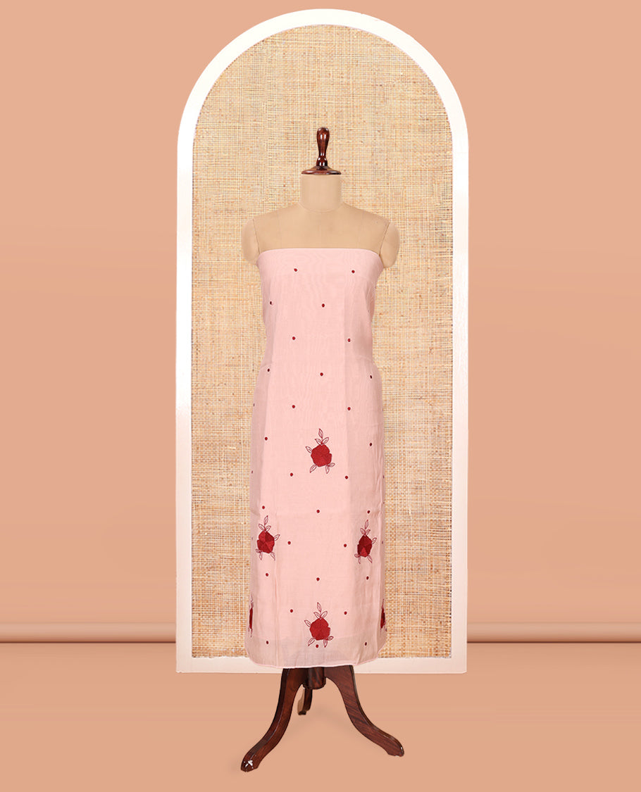 Dusky Rose Mul Chanderi Material Chudiddar, Floral Embroidered Top, Plain Bottom, Scallop Embroidered Dupatta