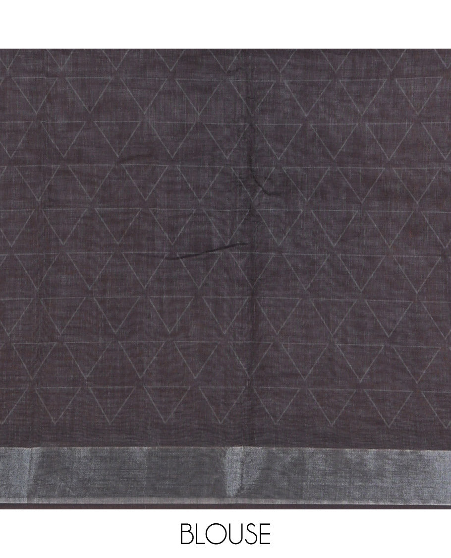 Coffee Brown and Rust Linen Cotton Saree, Accentuated with Geometric Print on Its Body, Complemented by Contrast Zari Border, Geometric Printed Pallu, and Paired with a Contrast Blouse