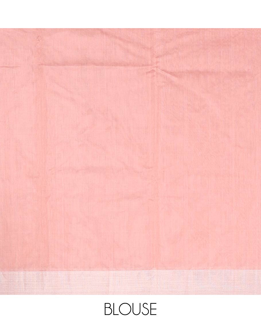 Pastel red floral motifs chanderi cotton saree with contrast border & striped, floral design pallu