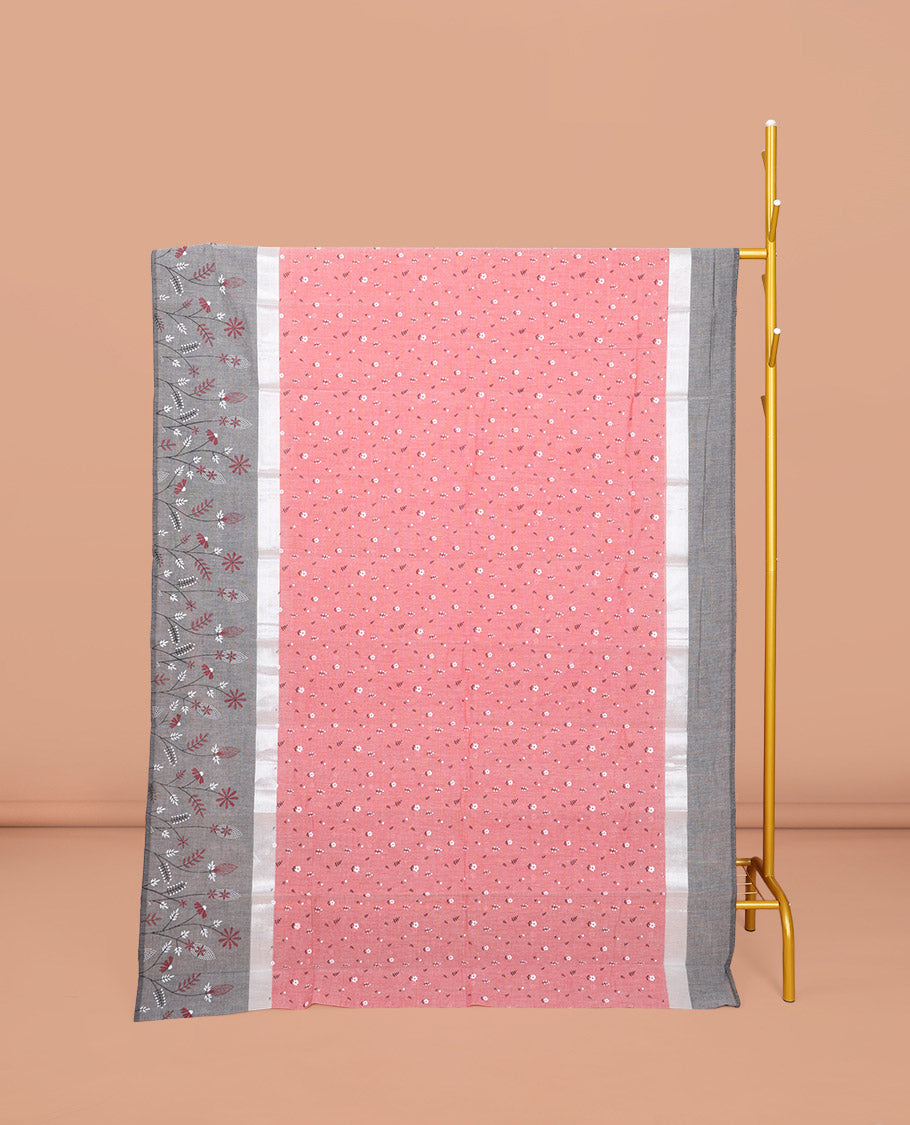 Red Chirala Cotton Saree, Adorned with Buttas, a Contrast Floral Border, Printed Pallu, and a Contrast Blouse