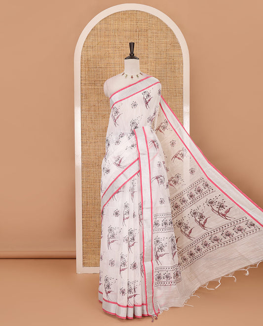 White-pink floral motifs printed Linen cotton saree, contrast Sliver zari bavanji border, floral print pallu & plain blouse