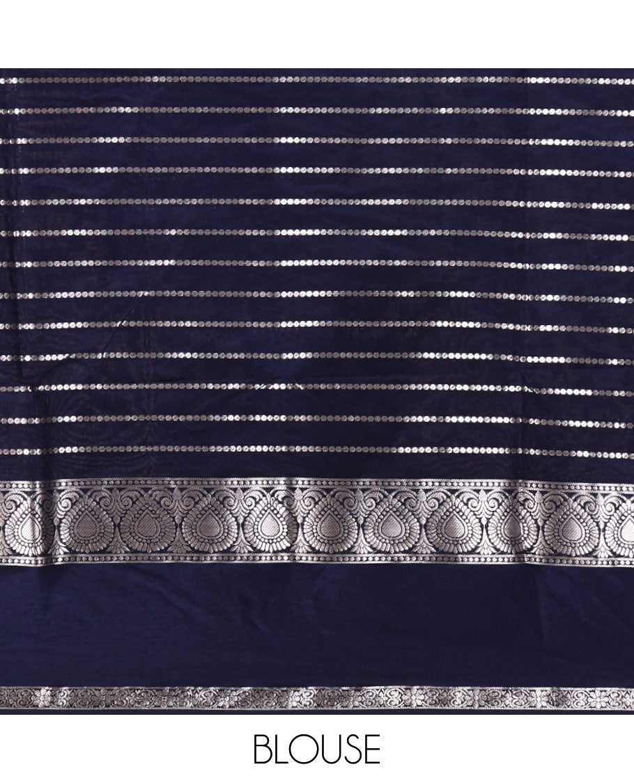 Navy Blue Assam Silk Saree, Spotlighted with Zari Stripes, Highlighted by a Traditional Zari Border, Zari Striped Pallu, and a Matching Blouse
