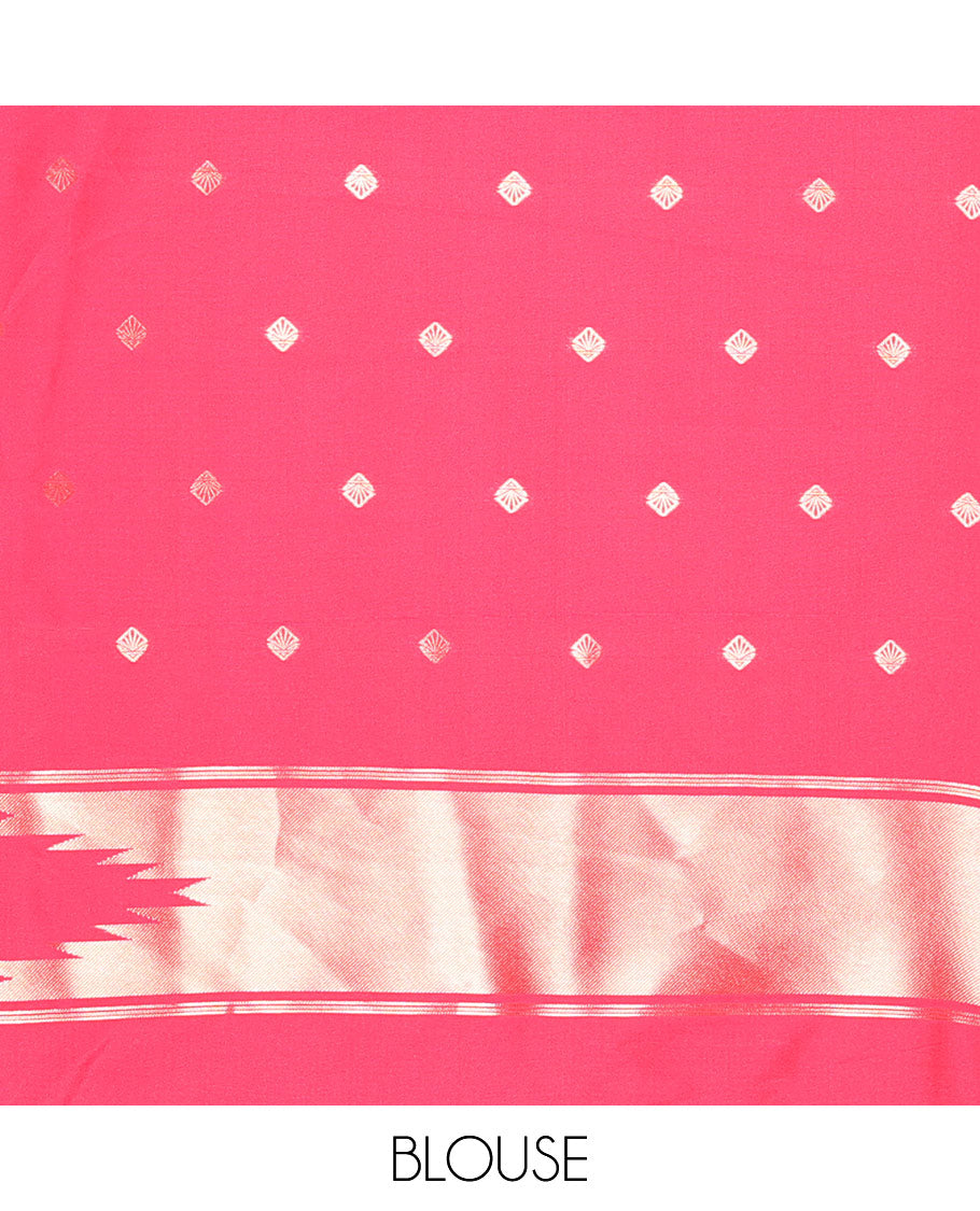 Rani Pink Elite Soft Silk Saree Gleamed Up with Vaira Oosi Stripes, Featuring a Temple Zari Border, Zari Elevated Pallu, and a Matching Zari Design Blouse