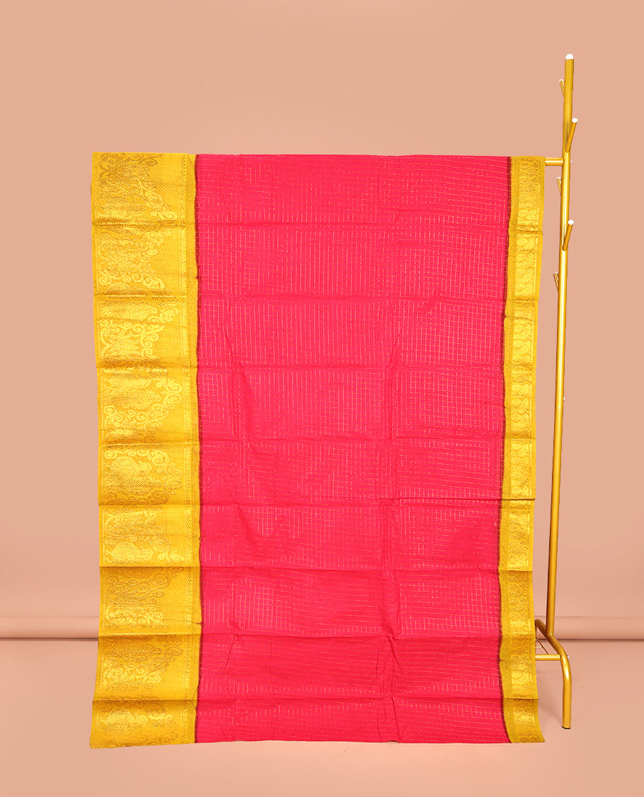 Red Sungudi Cotton Saree, Decked Up with Zari Checked Design on Its Body, Complemented by a Contrast Traditional Zari Design Border of Peacock Designs, Zari-Design Pallu, and Paired with a Contrast Blouse