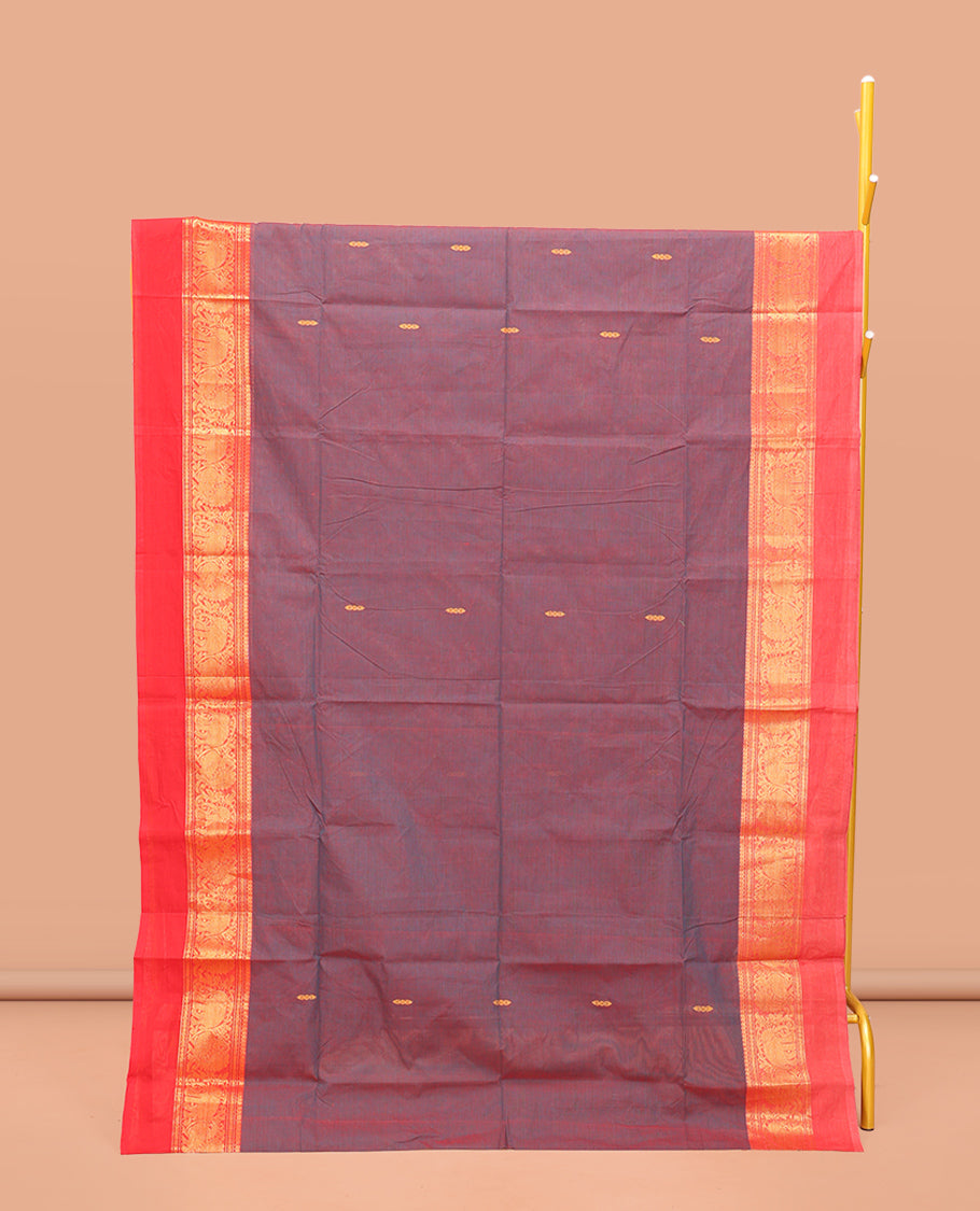 Wine Chettinad Cotton Saree, Ornamented with Thread Buttas All Over Its Body, Complemented by a Contrast Ganga-Jamuna Kal Eragina Border of Kodi Peacock and Elephant Designs, Pallu of Buttas and Stripes, and Paired with a Matching Blouse