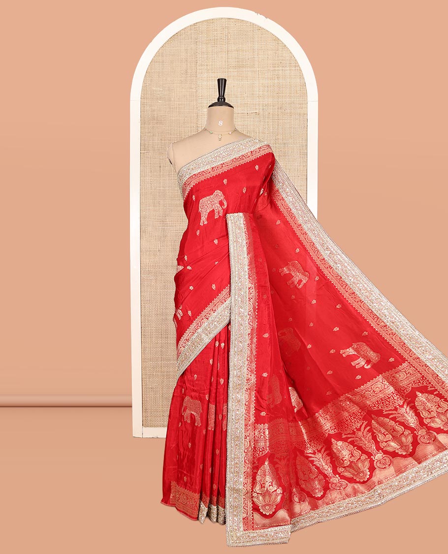 Red Elephant Buttas Russian Dola Silksaree, Embroidery Patch Border, Matching Blouse