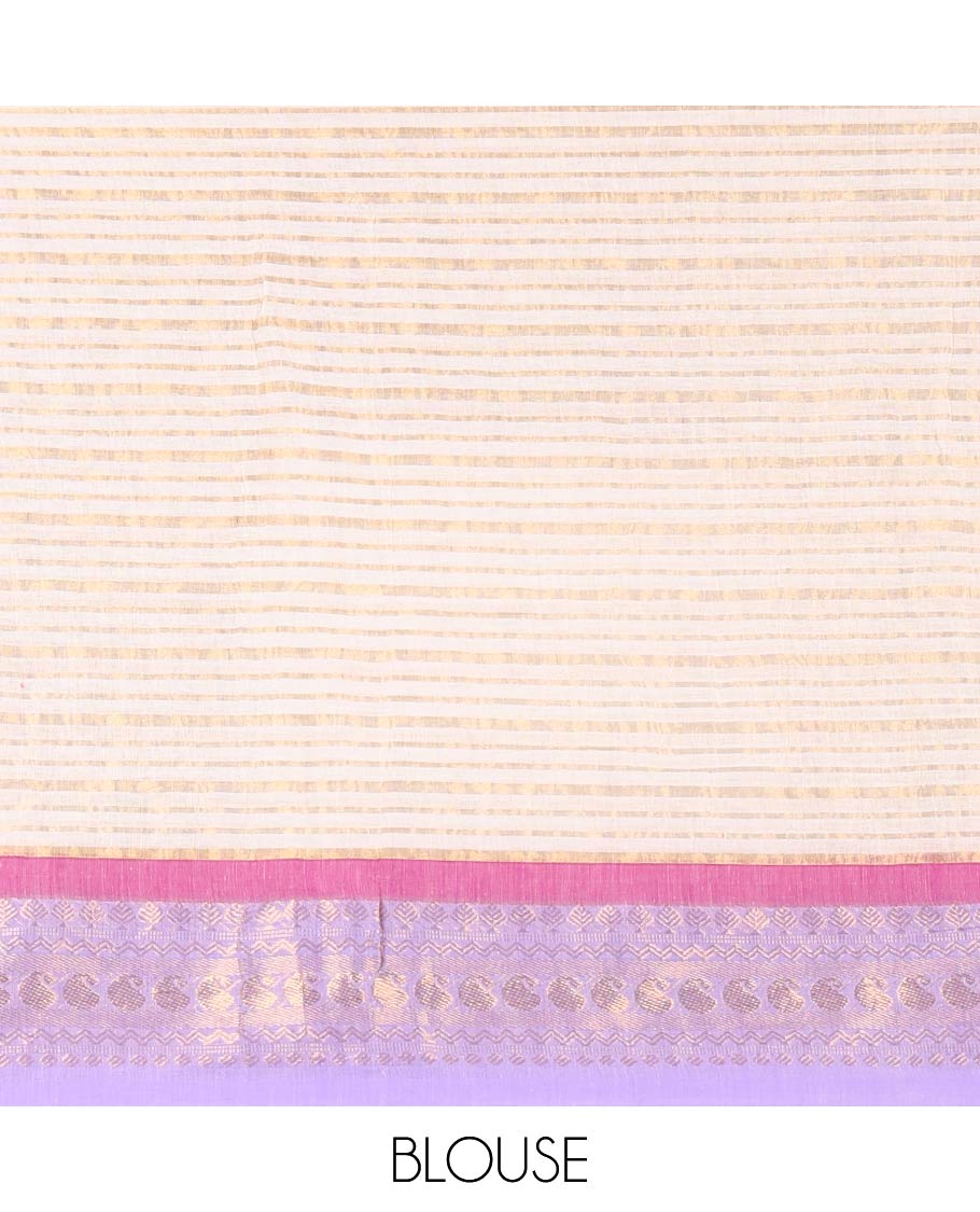 Cream Khadi Mul Cotton Saree, Adorned with Horizontal Stripes on Its Body, Complemented by a Contrast Traditional Zari Design Border, Zari Striped Pallu, and Paired with a Matching Blouse