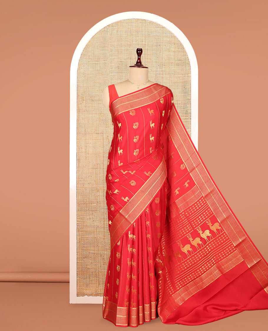 Red Mysore Silk Saree, Meticulously Crafted with Peacock-Deer Buttas and Stripes, Highlighted by a Traditional Zari Border, Grand Pallu, and a Matching Blouse