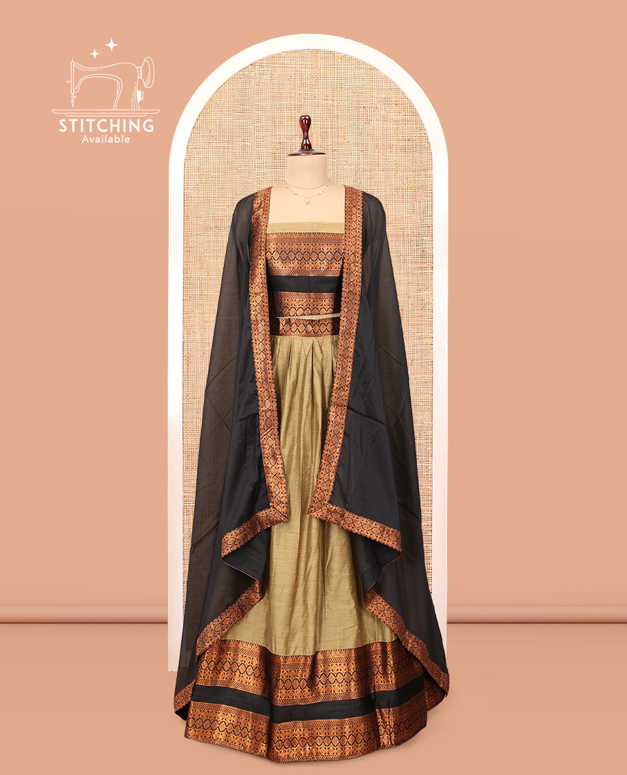 Beige Chanderi Cotton Half-Saree, Plain Skirt, Contrast Traditional Zari Border, a Matching Blouse, and Contrast Dupatta