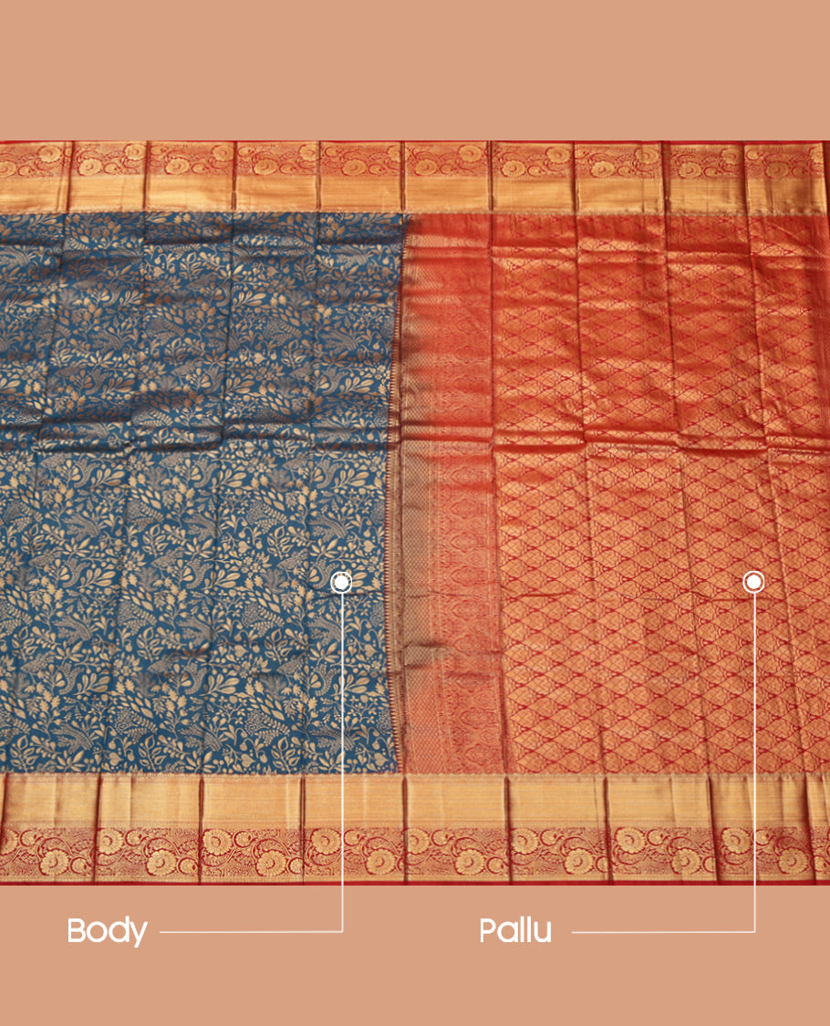 Blue Budget Silk Saree, Highlighted with Jacquard, Complemented by a Contrast Traditional Zari Border, Intricate Pallu, and a Contrast Blouse
