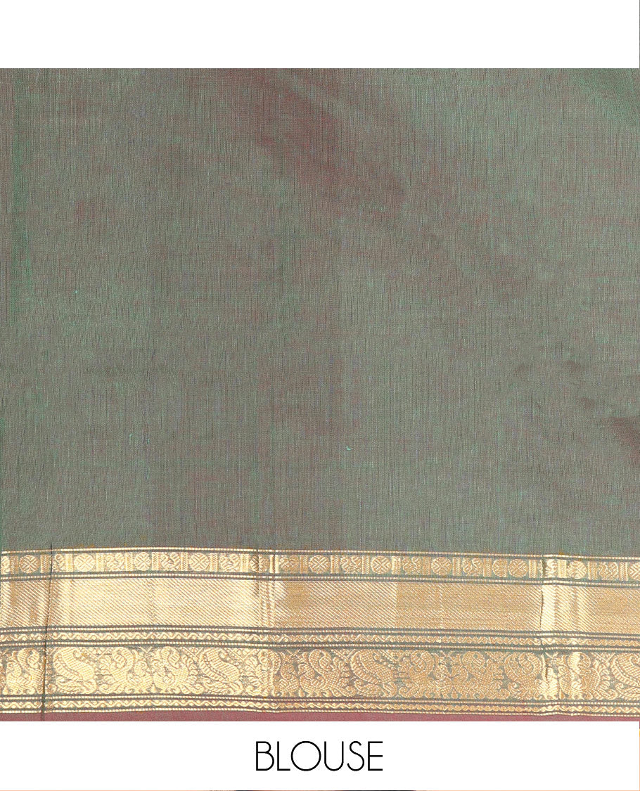 Green Plain Chettinad Cotton Saree, Complemented by a Contrast Traditional Zari Design Border, Subtly Striped Pallu, and Paired with a Matching Blouse