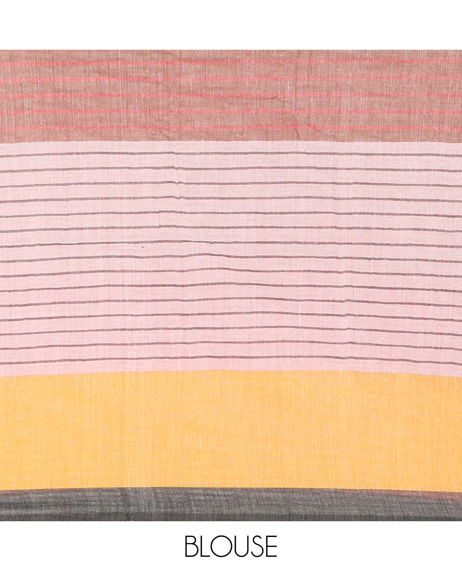 Multi-color striped khadi mul cotton saree, striped border, striped pallu with black tassels and matching blouse