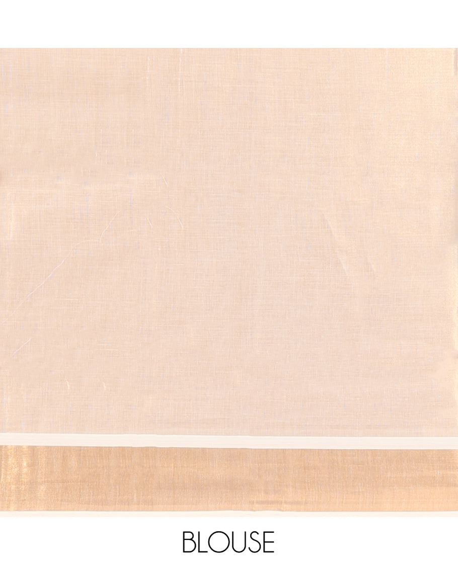Cream Kerala Cotton Saree, Spotlighted with Thread and Zari Buttas All Over Its Body, a Zari Bavanji Border, Pallu of Elephant Designs, and Paired with a Matching Blouse