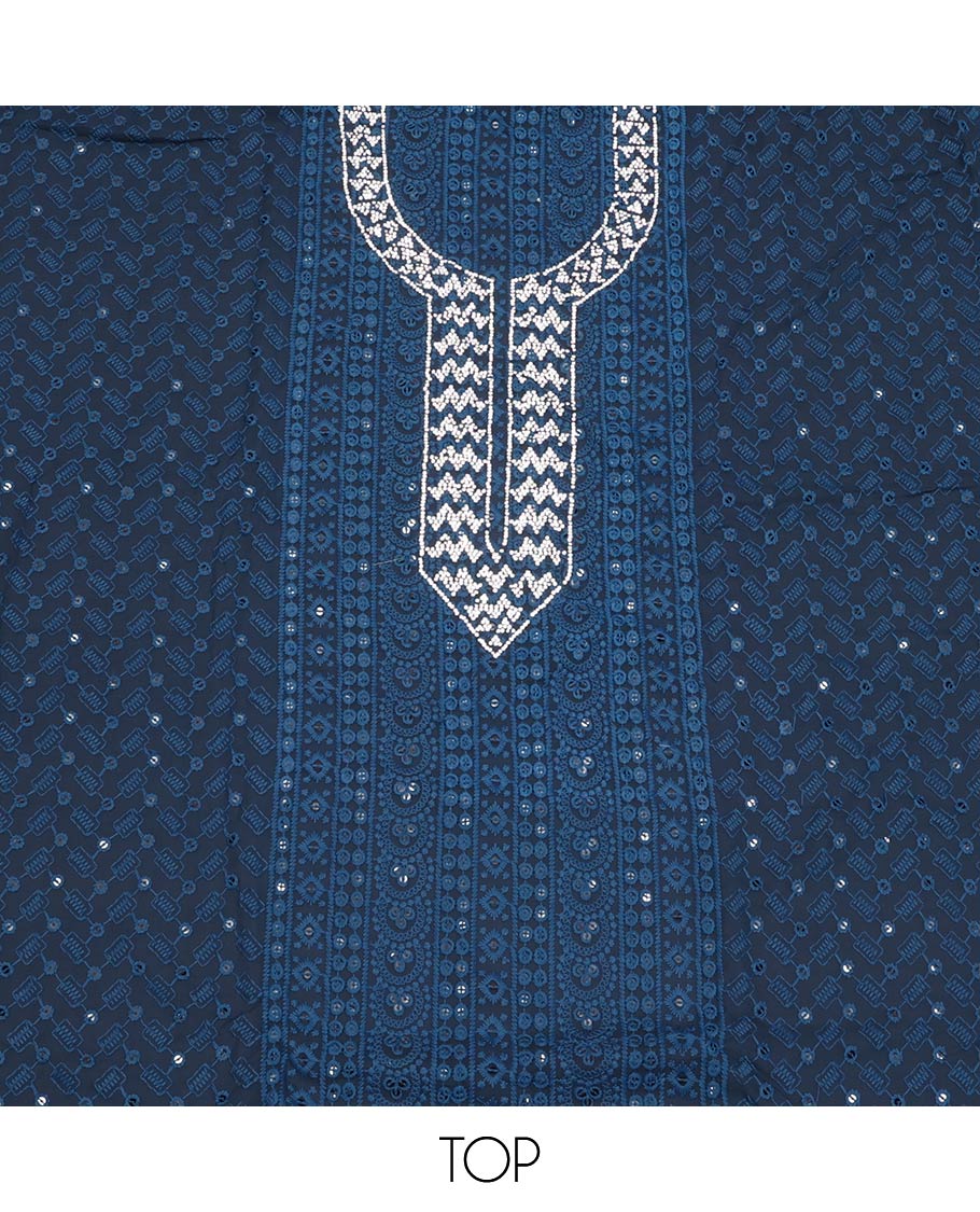 Blue Material Chudidar Set, Bedecked with Chikankari-style Thread Embroidered and Neck Stone Work Georgette Top, a Plain Santoon Bottom, and Paired with Embroidered Georgette Dupatta