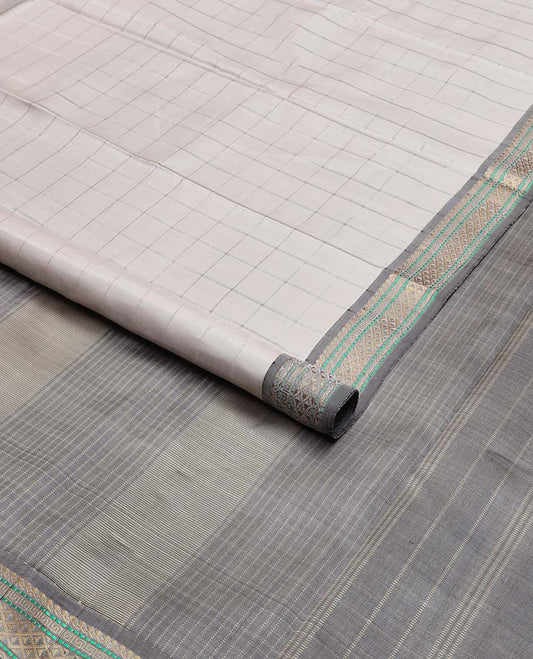 Light grey checked kancheepuram silk saree with contrast intricate design border & striped pallu