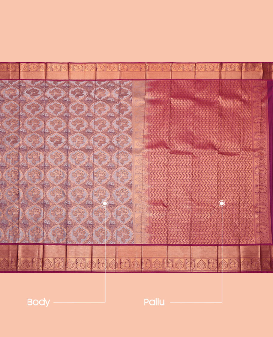 Grey Budget Silk Saree, Elevated with a Jacquard Design, Complemented by a Contrast Traditional Zari Border, Geometric Pallu, and Contrast Blouse