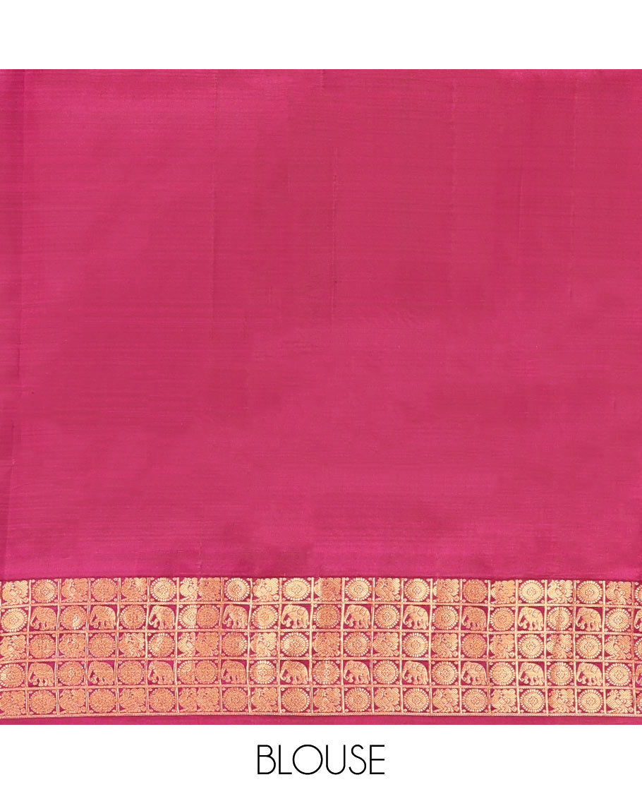 Orange Vasundhara Silk Saree, Woven with Mayil-Yaanai Buttas, Contrast Mayil-Yaanai Chakra-Enclosed Checked Border, Grand Pallu, and a Contrast Blouse