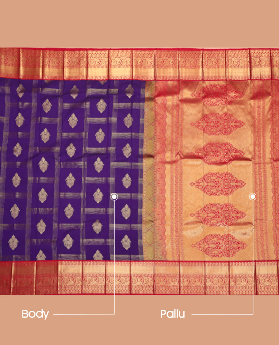 Violet Budget Silk Saree, Elevated with Zari Butta Enclosed Checks All Over Its Body, Complemented by a Contrast Traditional Zari Design Border, Intricately Designed Pallu, and Paired with a Contrast Blouse