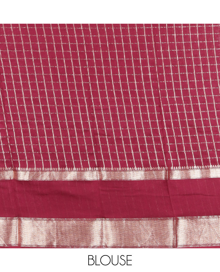 Fawn Assam Silk Saree, Featuring Zari Checks, Complemented by Contrast Traditional Zari Border, Zari Checked Pallu, and Contrast Blouse