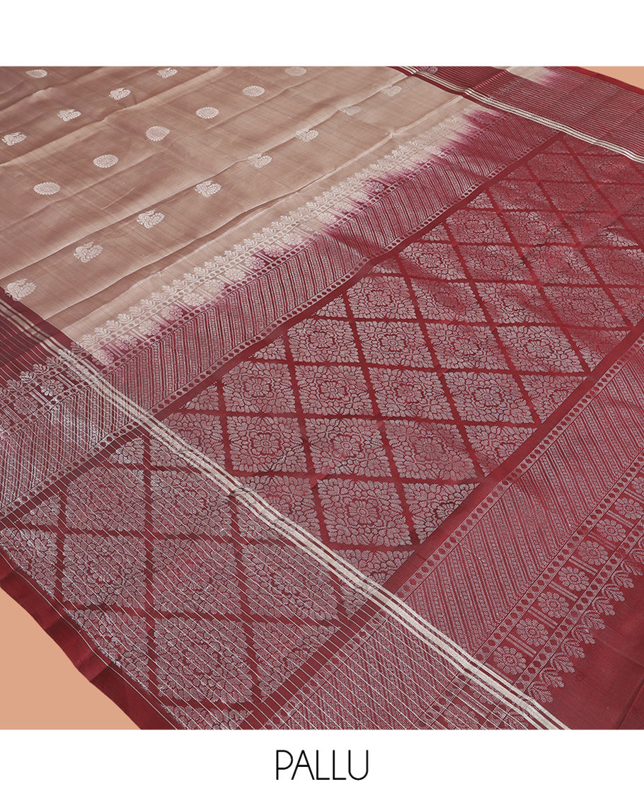 Grey Mayuri Lite Silk Mix Saree, Graced with Mayil and Chakram Zari Buttas, Complemented By Contrast Striped Border of Mayil Design, a Grand Jaal Pallu, and a Contrast Blouse