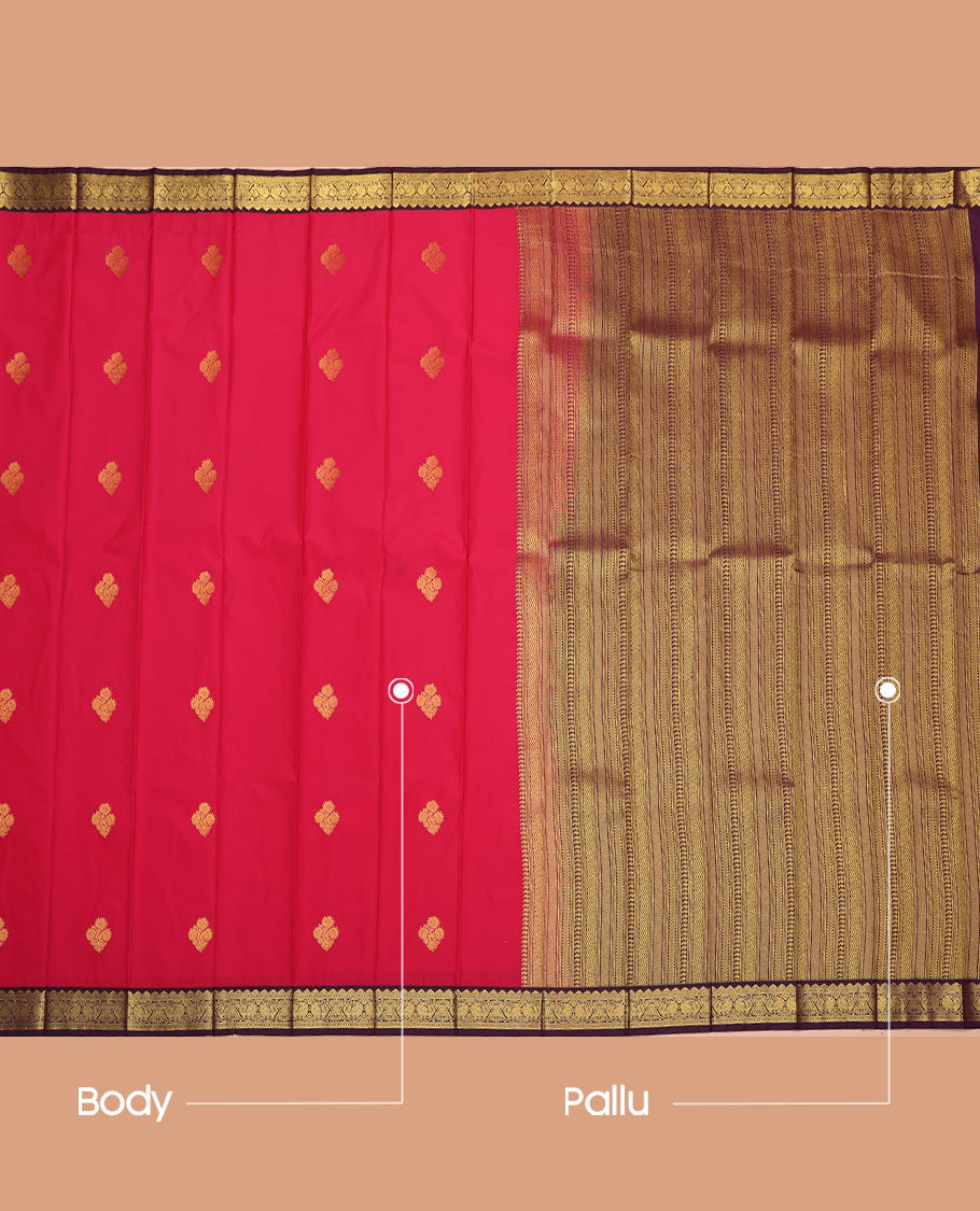 Red Budget Silk Saree, Mesmerized with Zari Buttas All Over Its Body, Complemented by a Contrast Traditional Zari Design Border of Peacocks, Pallu Features Geometric Designs, and Paired with a Contrast Blouse