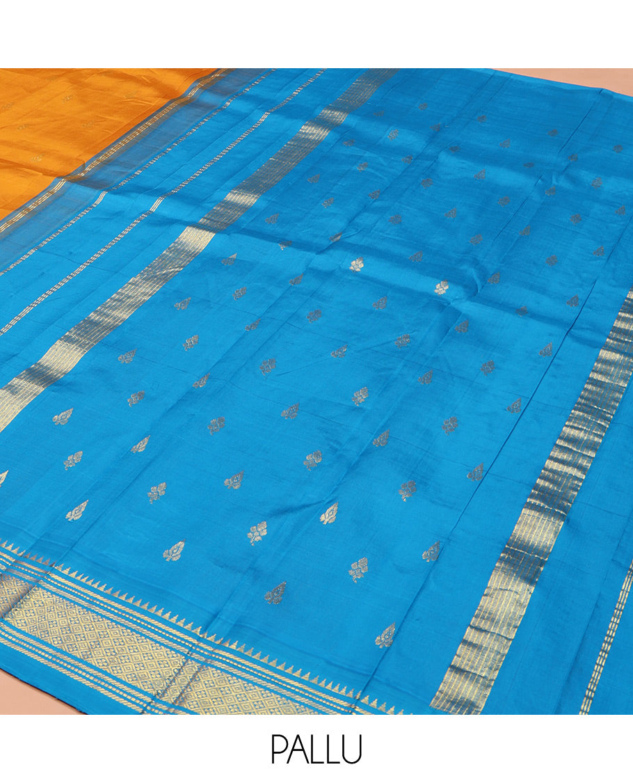 Yellow Kanchipuram Silk Saree, Dazzled with Zari Buttas on Its Body, Complemented by a Contrast One-Sided Korvai Border of Rekku, Banaras, Muthu, and Jaal Designs, Pallu of Zari Designs, and Comes Without a Blouse