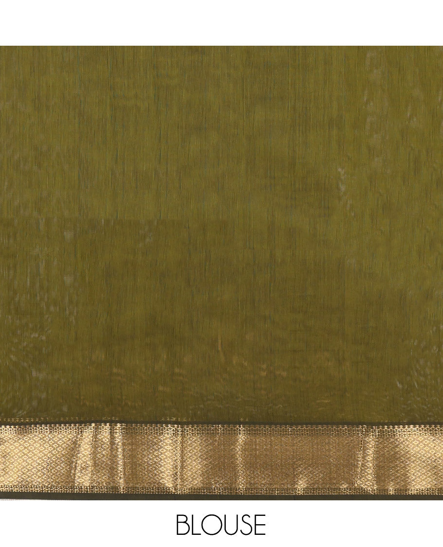 Green Maheshwari Cotton Saree, Detailed with Floral Zari Buttas, a Zari Border, Zari Striped Pallu, and a Matching Blouse