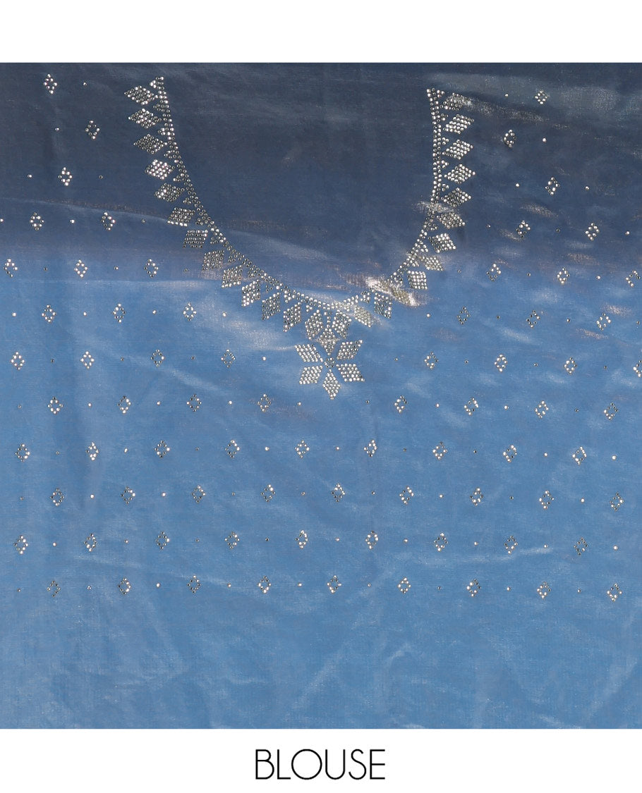 Blue Designer Saree, Charmingly Accented with Stone Struck on Its Body, Complemented by a Contrast Floral Design Stone Work Border, Pallu of Stone Work, and Paired with a Contrast Blouse