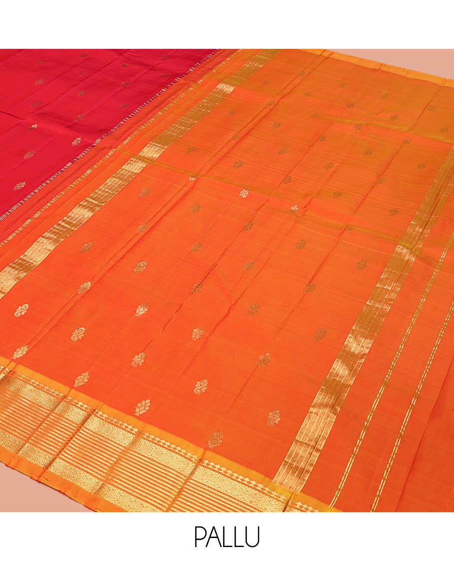 Red Kanchipuram Silk Saree, Decked Up with Buttas, a Contrast One-Sided Traditional Zari Border, Zari-Woven Pallu, and No Blouse