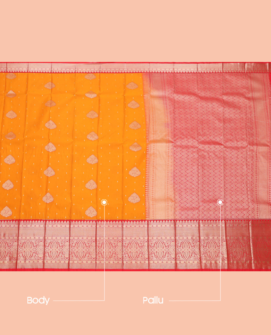 Orange Budget Silk Saree, Bedecked with Zari Buttas, Complemented by a Contrast Traditional Zari Design Border, Grand Pallu, and a Contrast Blouse