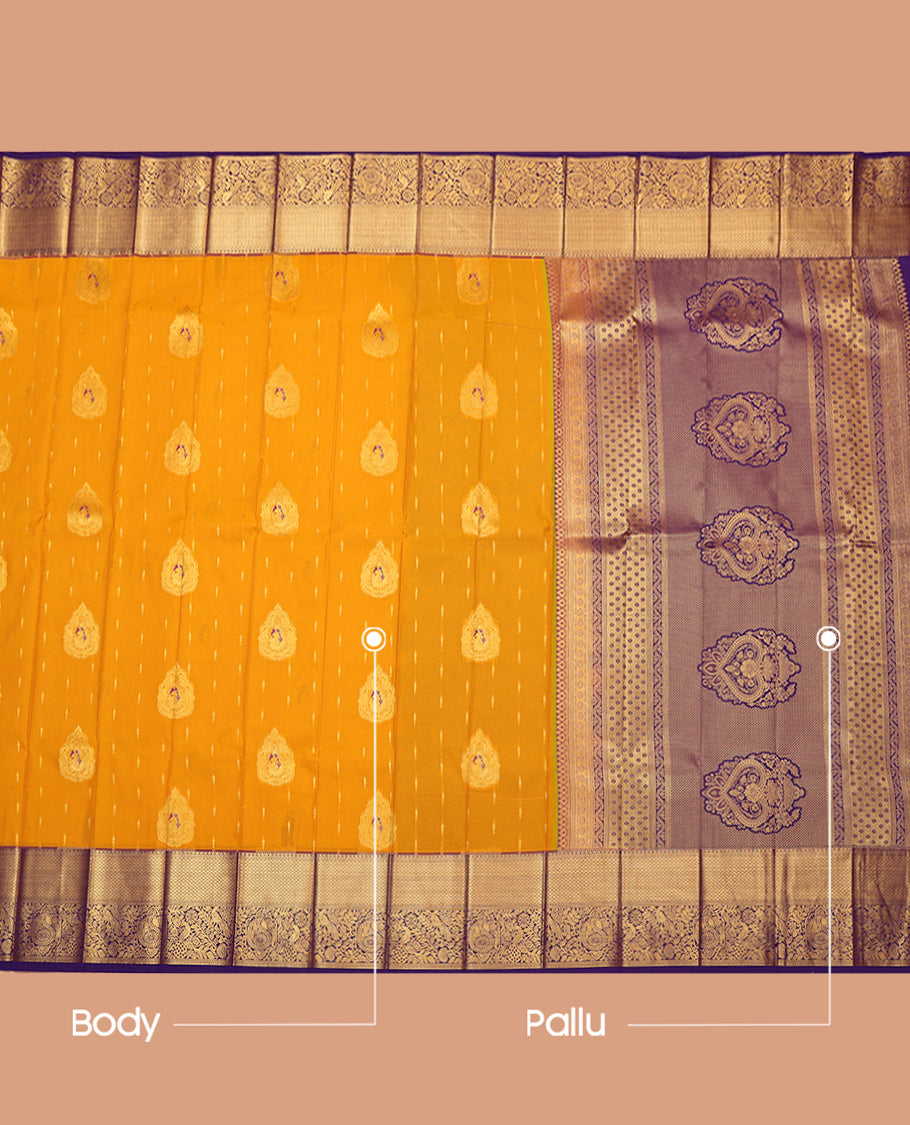 Yellow Budget Silk Saree, Beautified with Zari Buttas, Complemented by a Contrast Traditional Zari Border, Intricate Pallu, and Contrast Blouse