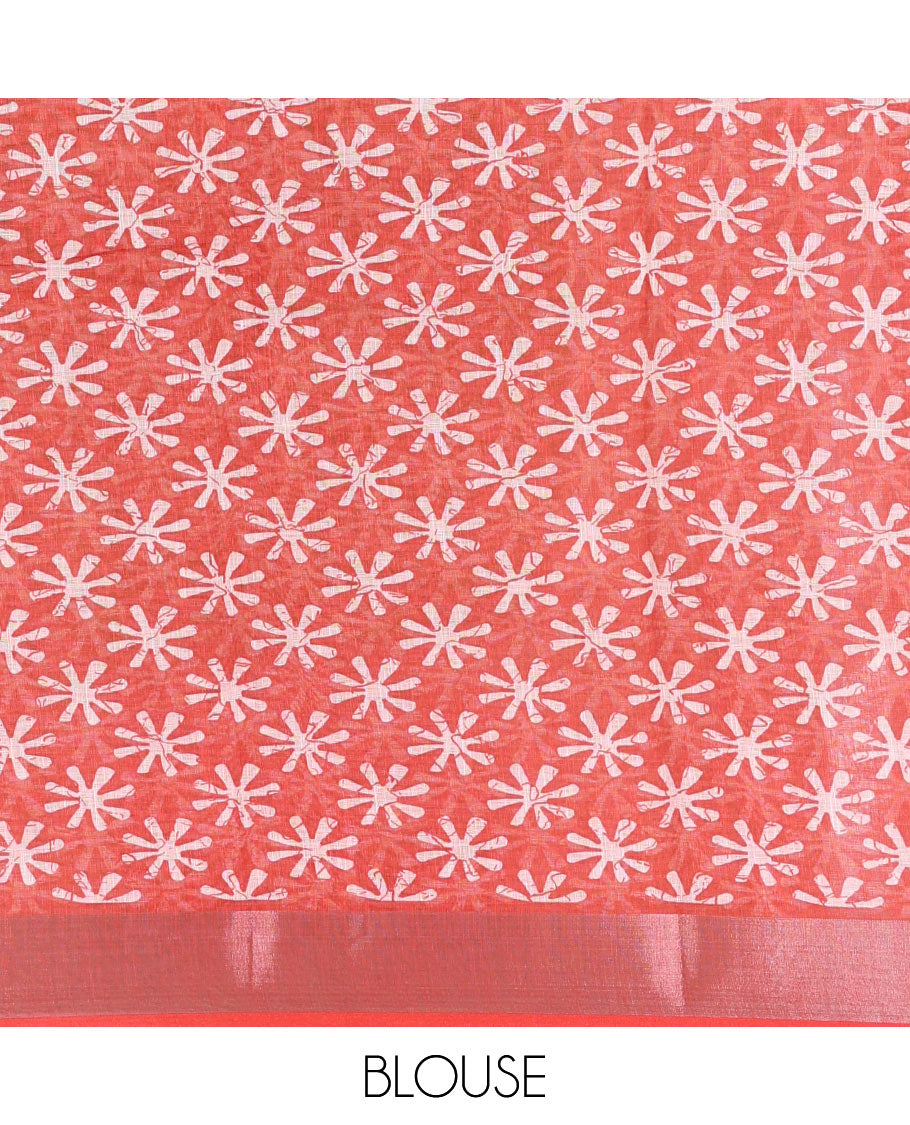 Black flower motifs batik printed linen cotton saree, contrast printed with zari woven border, batik printed pallu, and a contrast printed blouse