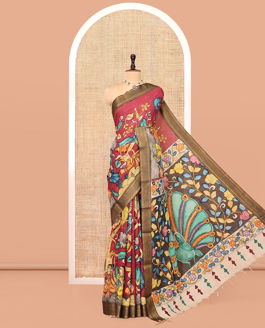 Red Kalamkari Printed Semi-Banarasi Tussar Saree, Accentuated with Human Figurines, Contrast Zari Border, Contrast Peacock Pallu, and a Contrast Blouse