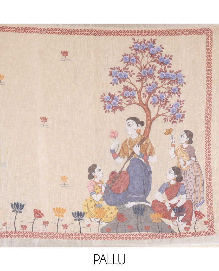 Cream Linen Cotton Saree, Beautified with Pichwai Lotus Motifs Printed All Over Its Body, Highlighted by a Zari Border of Pichwai Lotus Print, Pallu Pictures Paintings, and Paired with a Contrast Blouse