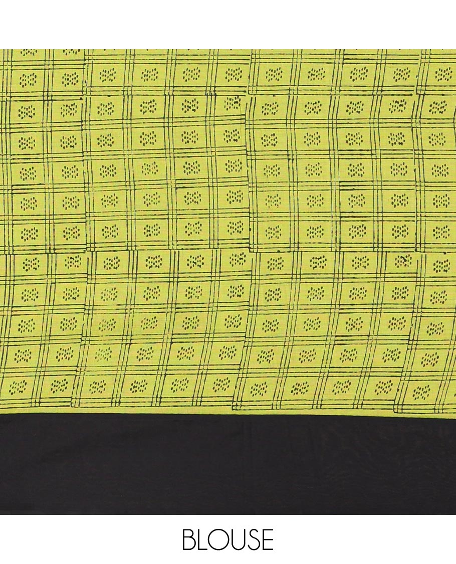 Black plain South cotton saree, contrast block printed border, and pallu of butta enclosed checks print, and block printed blouse