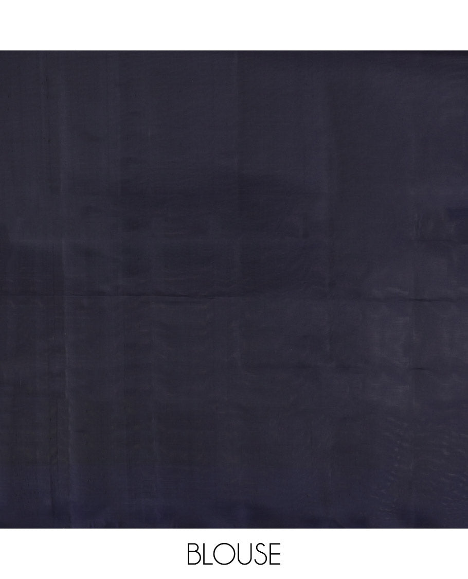 Grey Mayuri Soft Silk Saree, Subtly Sparkled with Stripes, Contrast Temple Border, Pallu of Vanki Designs, and a Contrast Blouse