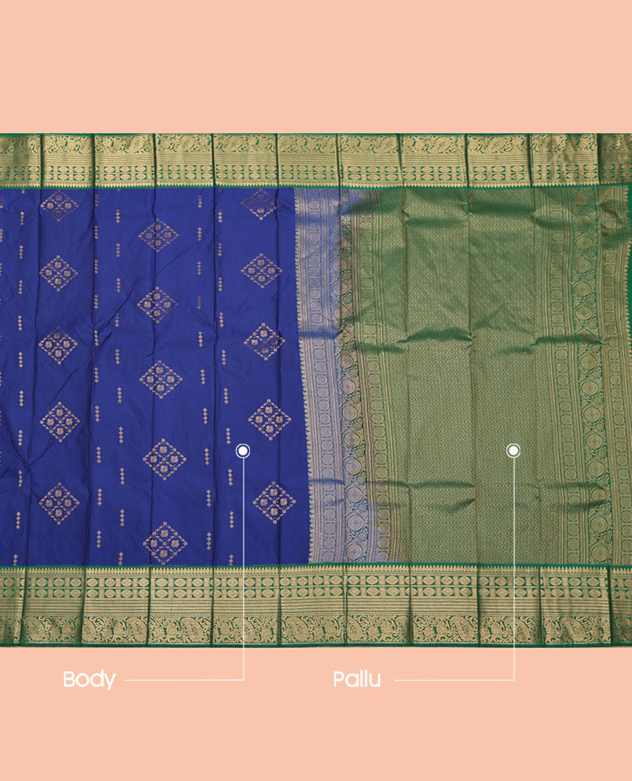 Blue Budget Silk Saree, Finely Woven with Zari Buttas All Over Its Body, Complemented by a Contrast Traditional Zari Design Border, Grand Pallu, and Paired with a Contrast Blouse