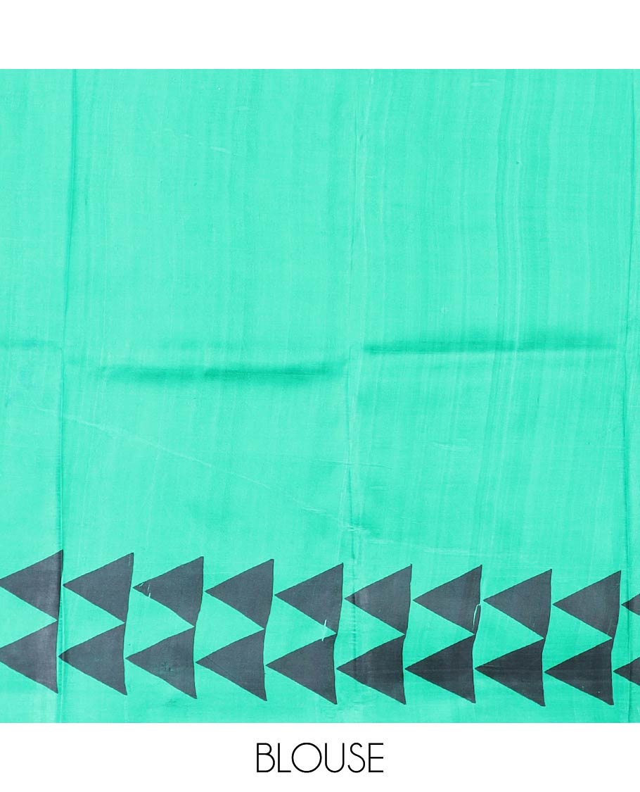 White geometric printed silk saree contrast triangle design border